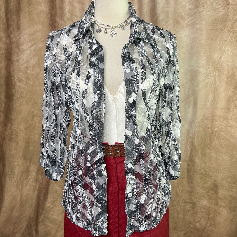 Y2K Ruffled Mesh Top Button Up 3/4 Sleeve Black & White Sheer Checkered Indie